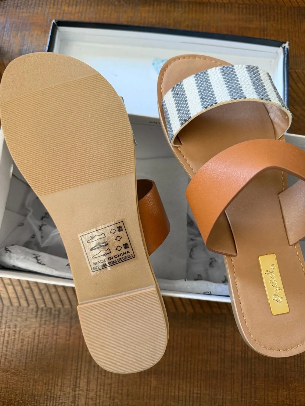 Striped Canvas & Tan Slide Sandals - Women